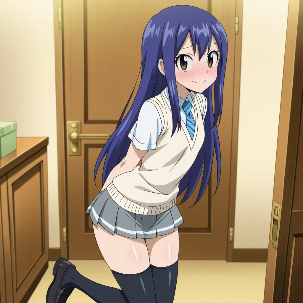 (((wendy))), fairy tail, anime art style, 1girl, solo, small_breasts, dressed, long_hair, shy, looking at viewer, (taking off panties, face closeup, panty pull, bottomless), embarrassed, maid outfit, hair_ornament, blushing, hair_between_eyes, twintails, brown_eyes, ((dark_blue_hair)), parody, style_parody, anime_coloring, short female, petite female, thick thighs, loli, maid headwear, thick thighs, thigh highs, ((exposed butt)), bending over, facing viewer, standing, from behind