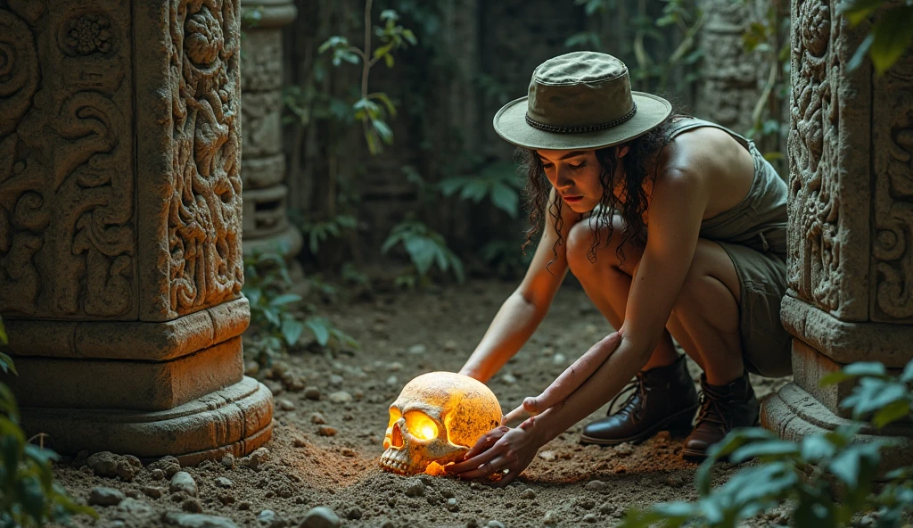 4D hyper realistic scene inside an ancient Egyptian tomb, lit by flickering torches. An beautiful archaeologist in khakis, hat, and boots takes a selfie with a sarcophagus behind them. Next to the archaeologist is an ancient decrepit mummy, smiling with exposed teeth and making a peace sign with its bandaged hand. Detailed textures on walls, sarcophagus, and mummy wrappings.
