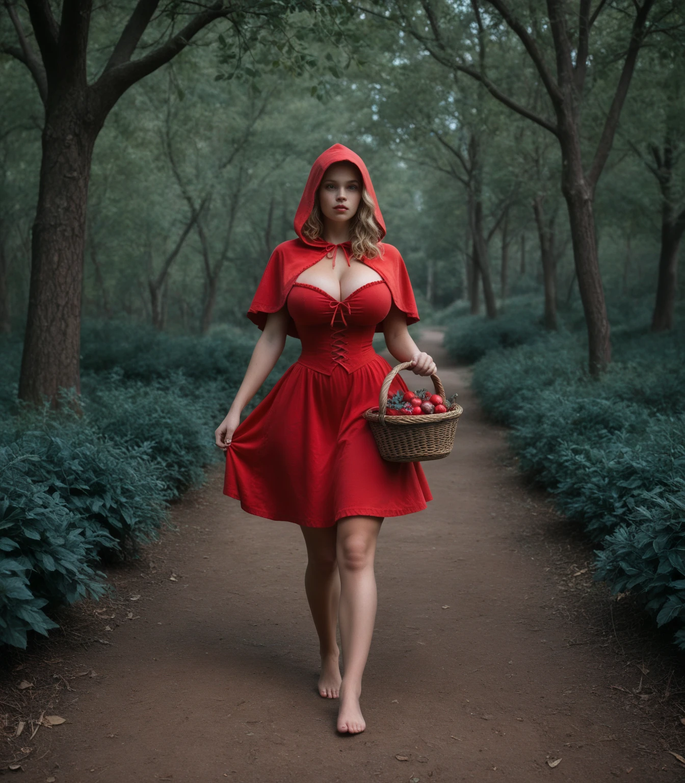 "girll with big, perky breasts dressed sexy as Red Riding Hood in the forest."