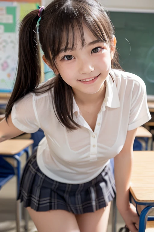 masterpiece, Highest quality, 8K, Young beautiful girl, Baby Face、Clothed Big Tits、((((((10 years old)))))),((Large Breasts:1.3)), photo shoot, Cute face, Embarrassing、smile、 makeup, Ten generations, Detailed face, Long Hair、Black Hair、Narrow waist,((school uniform、White shirt、Checkered mini skirt))、Black knee-high socks,