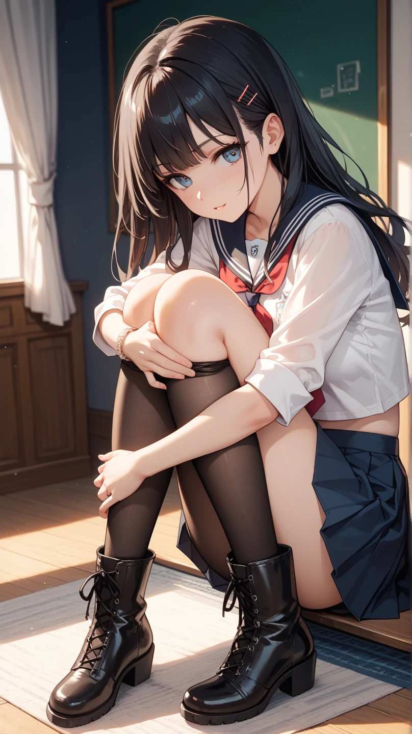 ((top quality)),(ultra high resolution),(Super detailed),(detailed description),((best CG)),(finest works of art),super precision art,amazing art of depiction,(Art with precise depiction in every detail:1.5), (1 schoolgirl:1.6),sailor suit:1.6,cute:1.7, (sit at the desk:1.6), blackboard:1.5