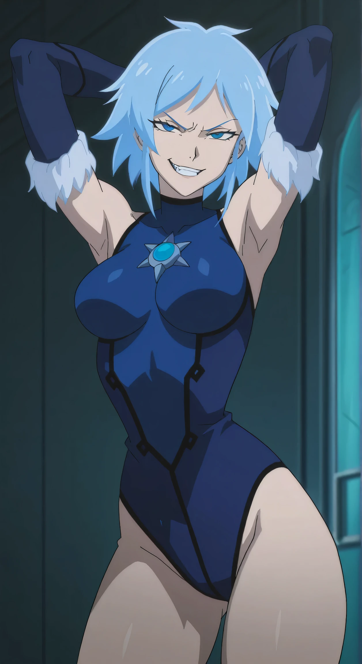 (extremely detailed CG unity 4k wallpaper),(masterpiece),(best quality),(ultra-detailed),(best illustration),(best shadow),(absurdres),(detailed background) Killer frost, Killer frost outfit, snowy city background, Confident smirk, Ice powers,