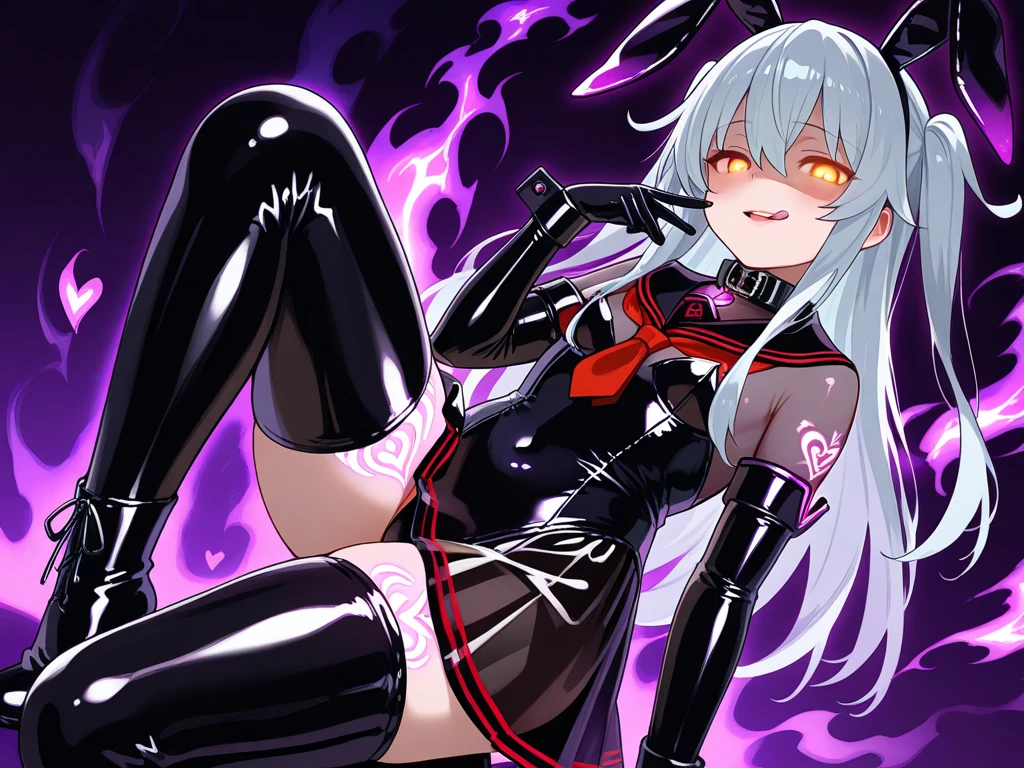 NSFW、Long Hair、とてもLong Hair、Hair between the eyes、Red eyes、Bright pupils、Multicolored eyes、Multicolored Hair,Small breasts,Black leotard、Taimanin Suit、One Piece Tan、Elbow Gloves、Fur trim、Fingerless gloves、Frilled leotard、Thigh-high boots,Tattoo,(Iron Collar:1.5),(Perfect hands),(Perfect Anatomy),(masterpiece),(highest quality),(Embarrassed:1.5),blush,Feeling embarrassed,(Ecstasy face:1.5),cyber punk,Department Wah Street,(whole body:1.5)