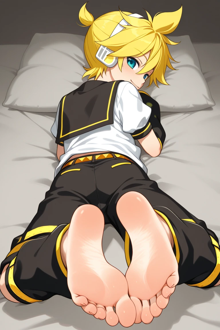 best quality, ultra precision, one boy, (Len_Kagamine), blond hair, shota, cowlick, on bed, lying on bed, character focus, black short pants, sailor uniform, your cute boyfriend, innocent, close eyes, sleeping, sleep peacefully, cute sleeping face, hold pillow, full body