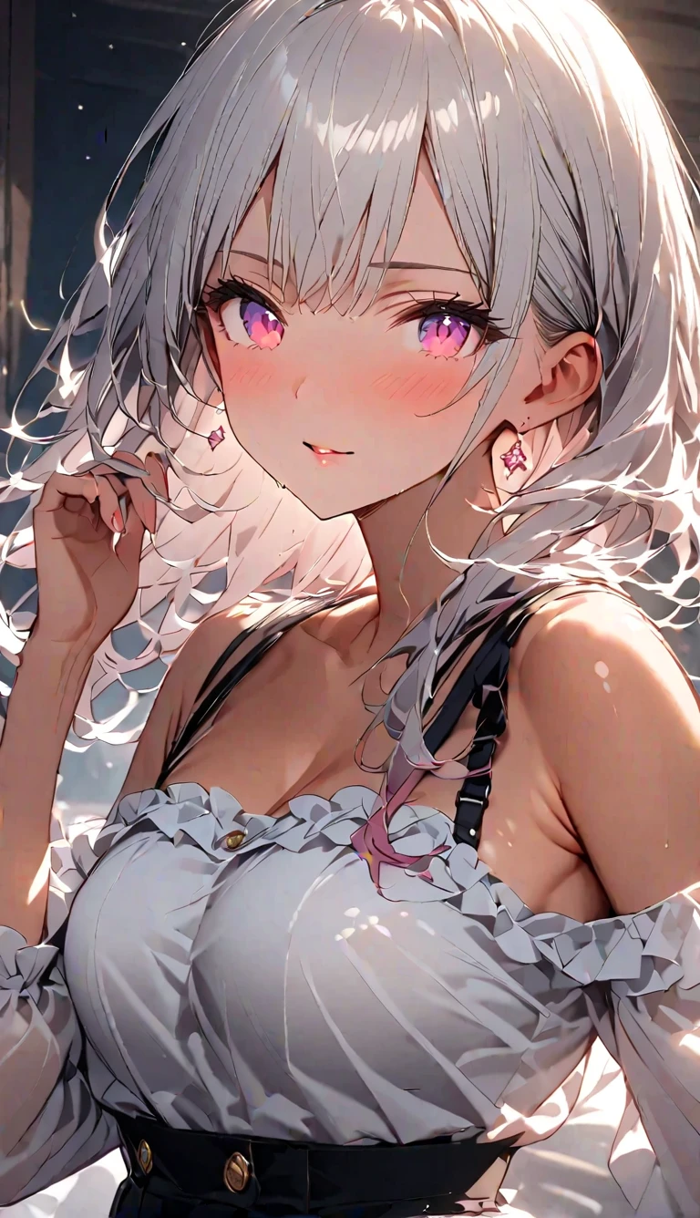 beautiful detailed (loli-child), intricate detail, cel shading, dutch angle, from below, thick thighs, leaning forward, beautifully painted, gigantic-s loli, 10 years old, short hair, bob cut, wept bangs, ((hair over one eye:1.4), floating hair, messy floating light-blue hair, hair blowing with the wind), authentic and detailed face, blush stickers, break, (((change of clothes))), fang, bare-shoulders, delicate hands, large-s, navel, zettai ryouiki, red eyes, wet skin, extremely detailed lace, beautiful hair decoration, ((white dress with pink lace with yellow decoration)), break, ((Cute children's room, Fancy room)), ((milky tone, Pink tones), shiny, very detailed cg unified 8k wallpaper, very precise detailed, highres,