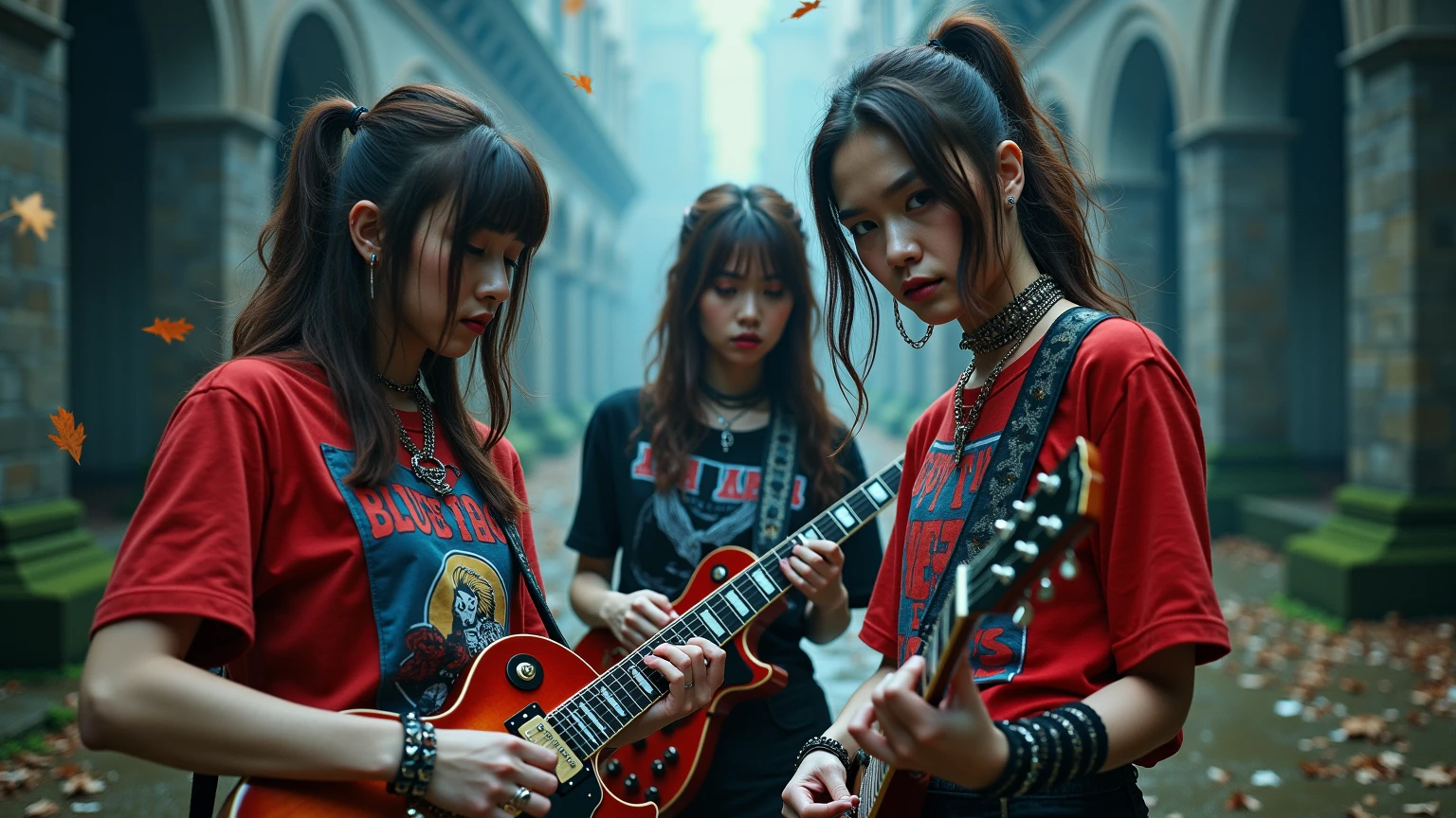 GIRLS CHILDREN, BACKGROUND WITH CROSSES, BLONDES WITH VERY LONG STRAIGHT HAIR GOTHS, WITH FIRE CANDLES. RED BACKGROUND.