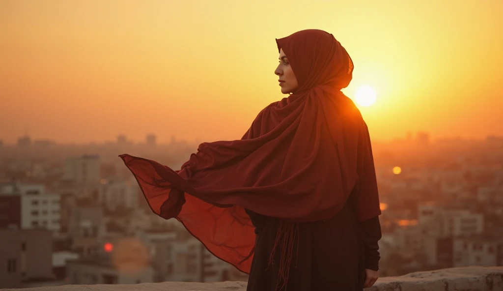 Muslim woman, back pose, realistic, no face, sun set, passport size photo