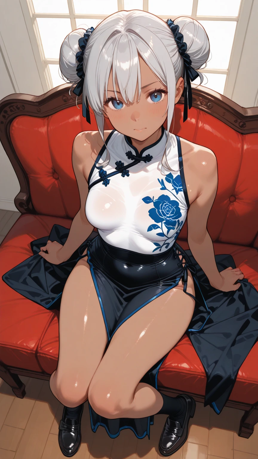 solo, A beautiful evil lady assassin, silver short hair, blue eyes, gazing condescendingly at the viewer with a scornful grinning expression, (((heart marks are floating in the background, kiss, blow a kiss to the viewer))), (Lying on the bed), ((seduction, seductive attack, temptation, temptation attack)), (opening your legs), (not showing your skin), extremely detailed , masterpiece quality, ultra-detailed, HDR, vivid colors, physically-based rendering, thick muscular thighs, beautiful muscular thighs, attractive buttocks, very strong wrestler, High resolution, masterpiece, accurate, Anatomically correct, Winner of numerous awards, best quality, detail, high detail, high quality, quality, Retina, Very detailed, Textured skin, Ultra high definition, (wearing white suit, wearing a tight Chinese dress, wearing a skirt, wearing a tight dress, wearing sexy panties), you won,