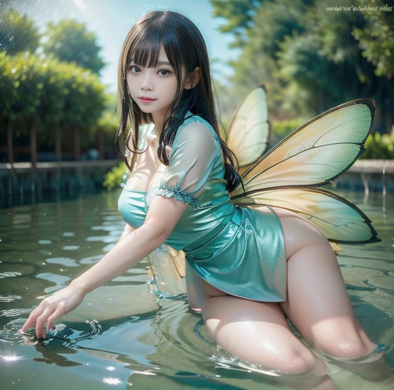a beautiful fairy sitting nearby the lake, stinky cum bath