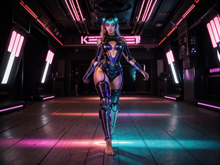 Cyberpunk Showdown:
Subject: A blonde 36dd bra woman (22) with messy hair, cosplaying a futuristic warrior in pink chrome armor, leaps through a neon-lit alleyway, dodging a laser blast from a stranger in a rival pink cyborg costume.
Technical: High-resolution camera (e.g., Sony a7R IV), wide-angle lens (e.g., 16-35mm), fast shutter speed to freeze motion, focus on the action and clashing pink hues, strong neon lighting with rain streaks on the camera lens.
