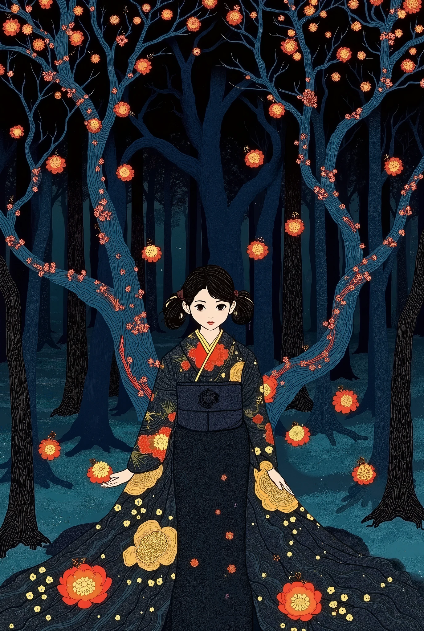 Woman in kimono standing in dark forest、pigtails、golden eyes、black hair、encircling tree々Vines、Multiple wisps floating around、一貫して pattern化された作品、Projected Shadows、 minimalism、Brilliant Color Palette、deep blue and vermilion color scheme、Dark Fantasy Illustration、mute light、 Mysterious and Fantastic 、An atmosphere that makes you feel uneasy、surreal、illustration style、A beautiful digital fantasy、Best Quality、masterpiece、 pattern 1