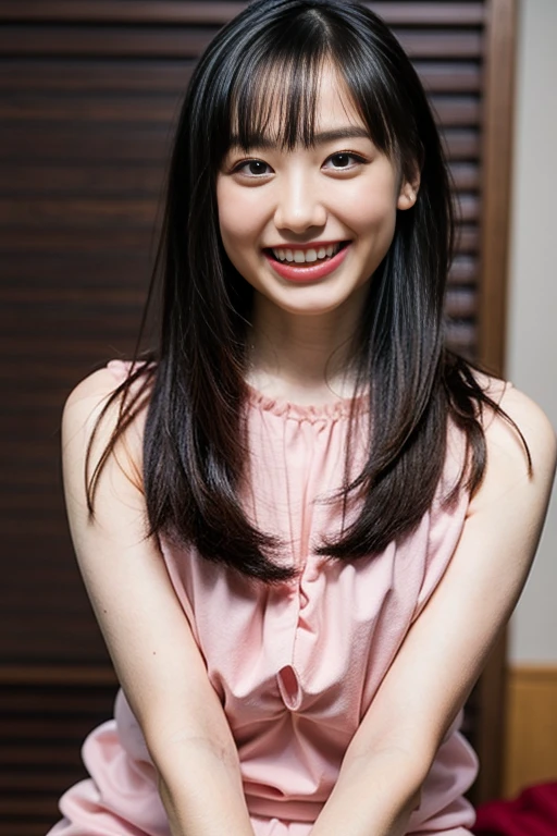 This is a photograph of a young Asian woman named Yuchan, seated on a green wooden chair. She has long, straight black hair with bangs that frame her face, and her skin is fair. Her expression is neutral, with a slight hint of curiosity in her eyes. She is wearing a sleeveless, light green dress with a subtle checkered pattern. The background is softly blurred, suggesting a cozy indoor setting with warm, ambient lighting. 