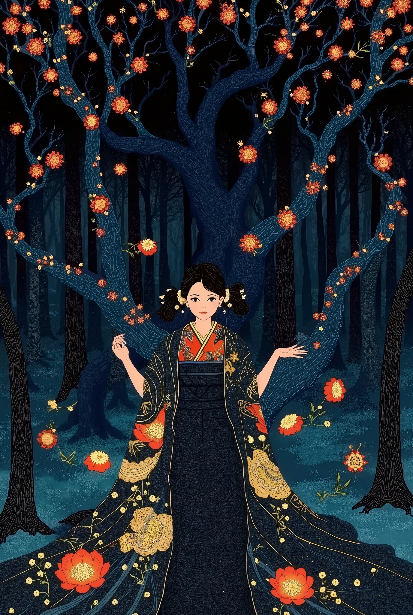 Woman in kimono standing in dark forest、pigtails、golden eyes、black hair、encircling tree々Vines、Multiple wisps floating around、一貫して pattern化された作品、Projected Shadows、 minimalism、Brilliant Color Palette、deep blue and vermilion color scheme、Dark Fantasy Illustration、mute light、 Mysterious and Fantastic 、An atmosphere that makes you feel uneasy、surreal、illustration style、A beautiful digital fantasy、Best Quality、masterpiece