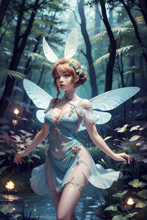 a floral fairy as the central at a whimsical woodland scene where vibrant blooms and lush greenery create a magical backdrop. The floral fairy, a delicate and ethereal being, hovers gracefully amidst the flowers, her gossamer wings shimmering in the dappled sunlight. She wears a gown woven from petals and leaves, adorned with intricate floral patterns that mirror her surroundings, random posing