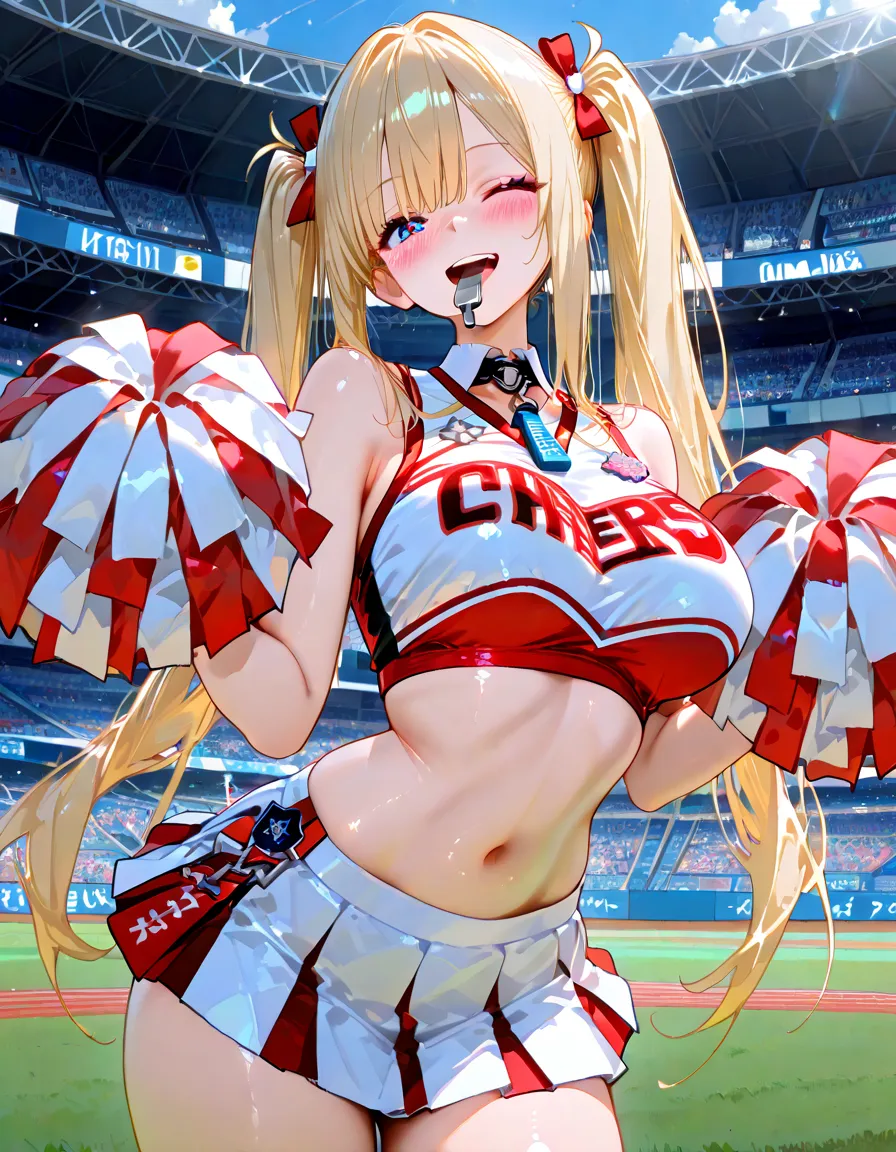 best quality,ultra-detailed,high resolution,extremely detailed CG,perfect anatomy,detailed,cinematic lighting,beautiful detailed eyes,ultra high res,(1Women:1.5),(1:1.4),(milf:1.6),milf,gleaming skin,oil skin,skindantation,sweat,humid,clothed,curvy,(sweat:1.2),nsfw,nose blush,cowboy shot,Glowing Skin,Beautiful Hair,looking at viewer,Smile,little open mouth,ereshkigal, ereshkigal \(fate\), long hair, blonde hair, very long hair, two side up, tiara, (red eyes:1.3), ribbon, hair ribbon, red ribbon, (parted bangs:1.5),(cheerleader:1.1),mini skirt,baseball stadium