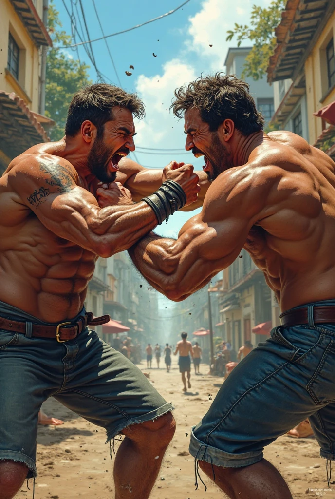 Create an image of Sylvester Stallone with a backwards cap from the movie Falcon:the Champion of Champions arm wrestling with Arnold Schwarzenegger