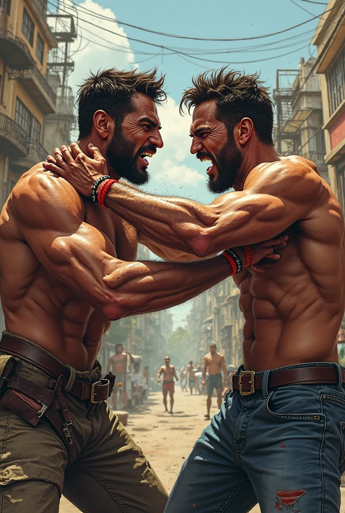 Fight between two men, one standing and the other in a weak position with a broken arm