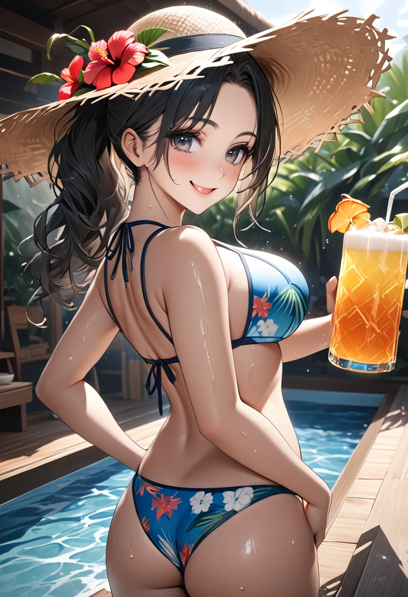 High resolution, high quality, 1 girl, anime girl, brown long hair, brown eyes,heart-shaped pupil, Green glasses,closed one eye,clenched teeth, tanned skin, big breasts,beautiful breasts, (big ass),beautiful butt,白いスクールwater着,squat,(drink a lot of juice),(inflate one's stomach),(lemonade),(lemon juice),(orange juice),(mango juice),(Binapple juice),(water),at the cafe,
