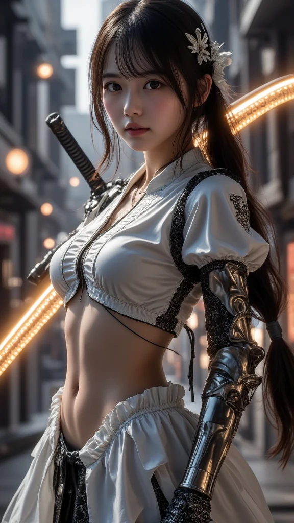 ((Best quality)), ((masterpiece)), (detailed:1.4), 3D, an image of a beautiful cyberpunk black female with braids on head,HDR (High Dynamic Range),Ray Tracing,NVIDIA RTX,Super-Resolution,Unreal 5,Subsurface scattering,PBR Texturing,Post-processing,Anisotropic Filtering,Depth-of-field,Maximum clarity and sharpness,Multi-layered textures,Albedo and Specular maps,Surface shading,Accurate simulation of light-material interaction,Perfect proportions,Octane Render,Two-tone lighting,Wide aperture,Low ISO,White balance,Rule of thirds,8K RAW, anime - style woman in a white and black outfit with a gun, cyborg merchant girl,