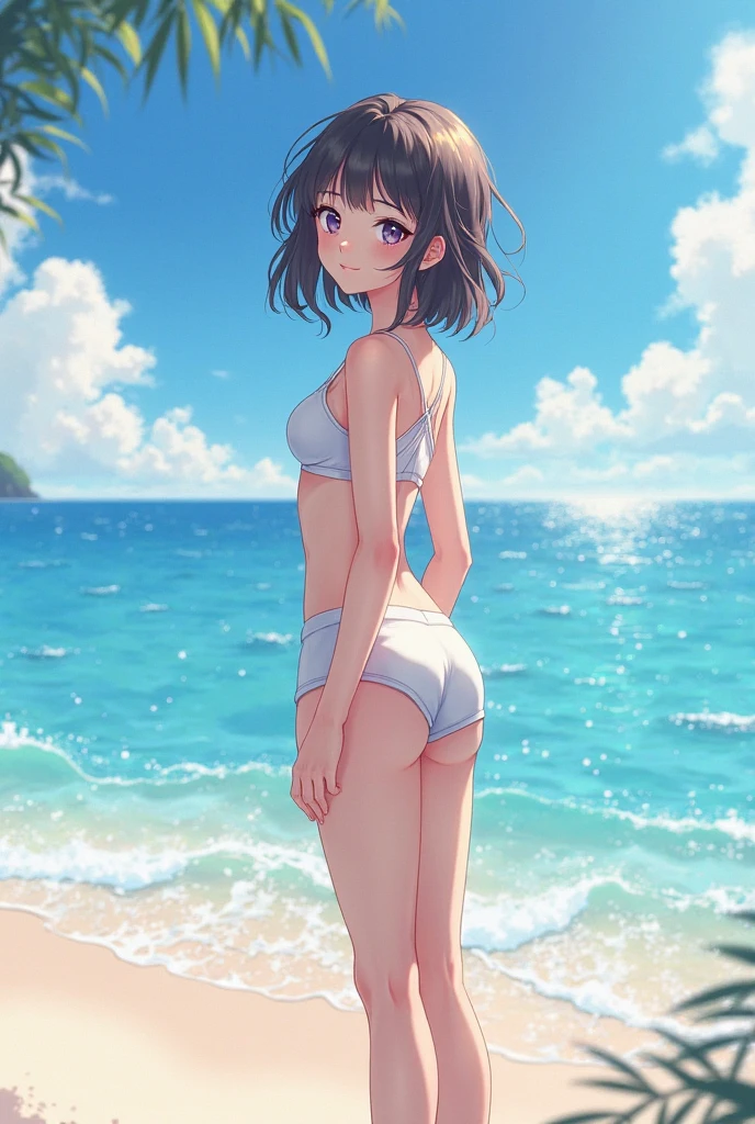 Masterpiece、、、, super high quality, super detail, perfect drawing, solo, small fat beautiful girl, chubby (1.5), punipuni belly, ((micro bikini)), plump thighs, soft belly, round big buttocks, bulging bust top, sea bathing, beats, white sand, beautiful landscape, sun rays, natural light, oblique light, twilight rays, sparkling water surface, bust up, frontal shot diagonally down,