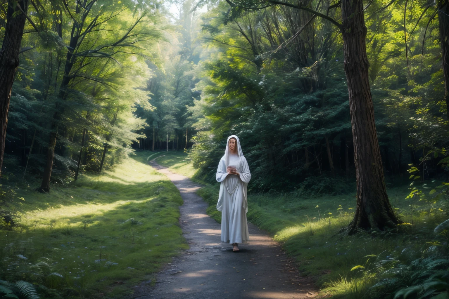 Masterpiece, high quality, high resolution, realistic, 4K, 8k, Virgin Mary, three Holy Spirits, The Virgin Mary receives the Holy Spirit from three Holy Spirits, The Virgin Mary' face is very calm, The Virgin Mary is illuminated by the power of three Holy Spirits, The background is dark forest, But the Virgin Mary is resplendent in divergence, slg, grass, path, river, waterfall, forest