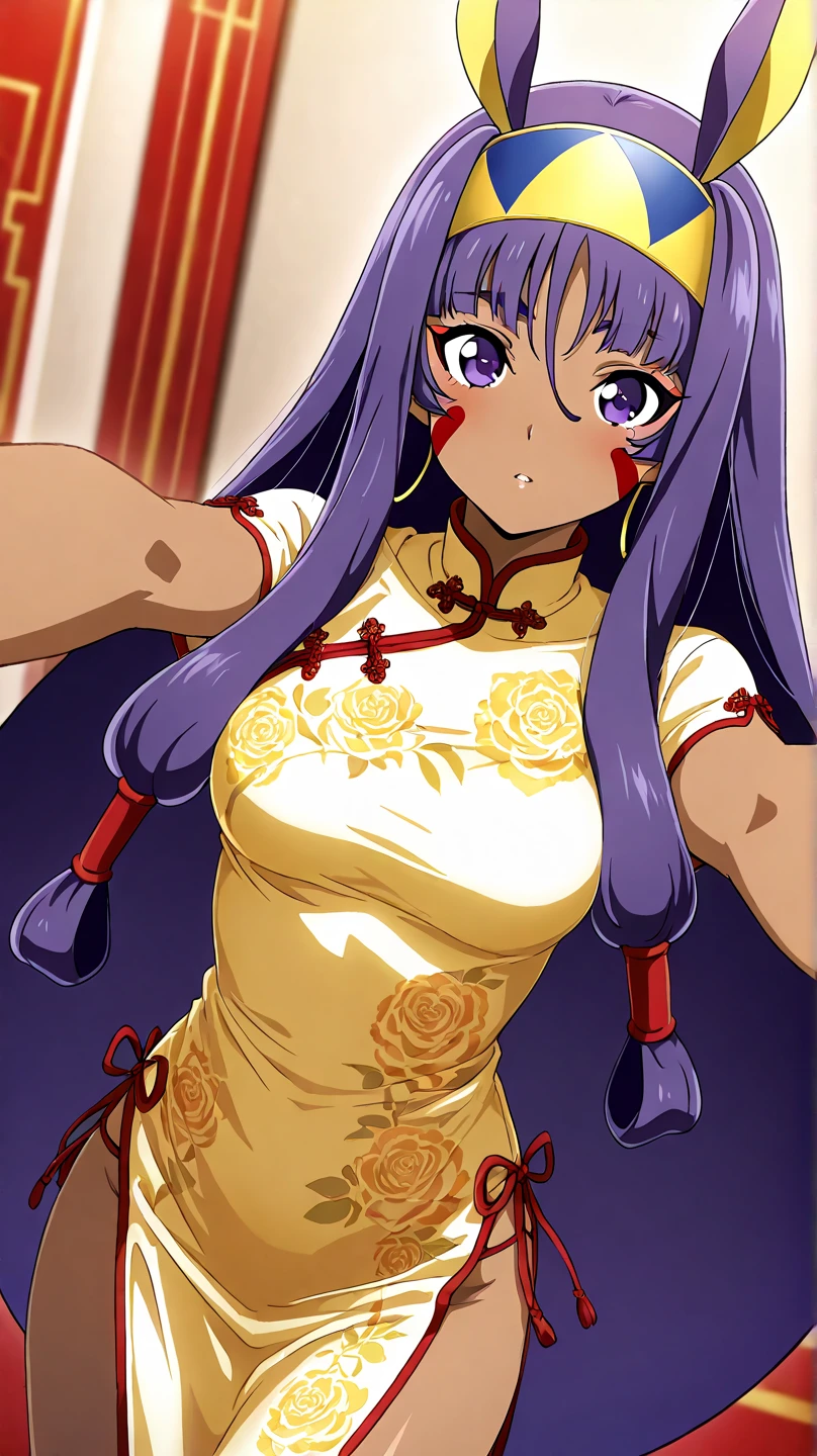 Girl, shoulder-length brunette hair. She wears a blue-beaded earring on her right ear, hidden by a lock of her hair, woven into blue beads with gold rings around the larger, middle bead. She wears a silver necklace of a hibiscus flower along with a matching ring on the pinky of her right hand
a purple pleated, flower-patterned hakama; black boots; a black spaghetti-string camisole under a white sash that wraps around her neck and over her chest; and a yellow patterned obi with a chōchō musubi knot and a decorative obidome to clinch the cords. Two separate, kimono-like pink and white sleeves secured by purple cords complete the outfit. The design of her staff is based on the Khakkhara, a staff used by practitioners of Buddhism. whole body.