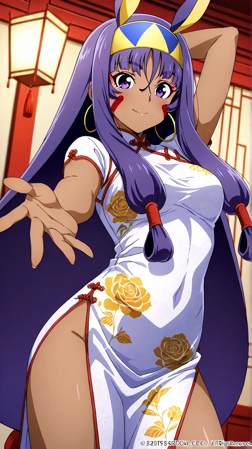 tmasterpiece,Best quality at best,Highest quality,Perfect anatomy,s the perfect face,perfect eyes,1girll,dbzch1ch1,(Black color hair:1.4),Lateral hair,By bangs,(Off-the-shoulder attire:1.3),single hair bun,hair-bun,(黑The eye),Orange cashmere wrapped,Red spherical earrings,Red wristband,Purple cheongsam, upperbody closeup