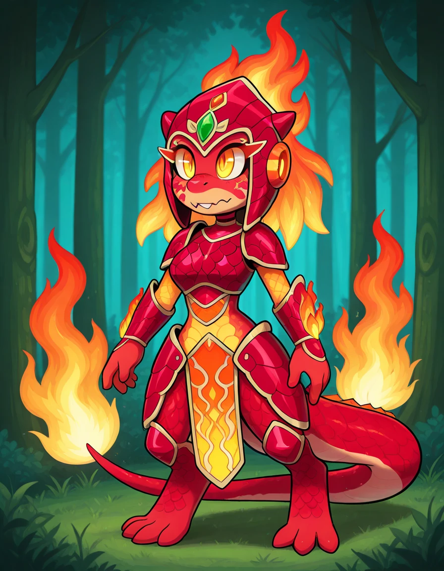 Solo, Furry, salamander monster girl, vivid red skin with orange and yellow fire patterns, covered in flames and fire, dressed in a ornamental fire gem armor
, forest fire