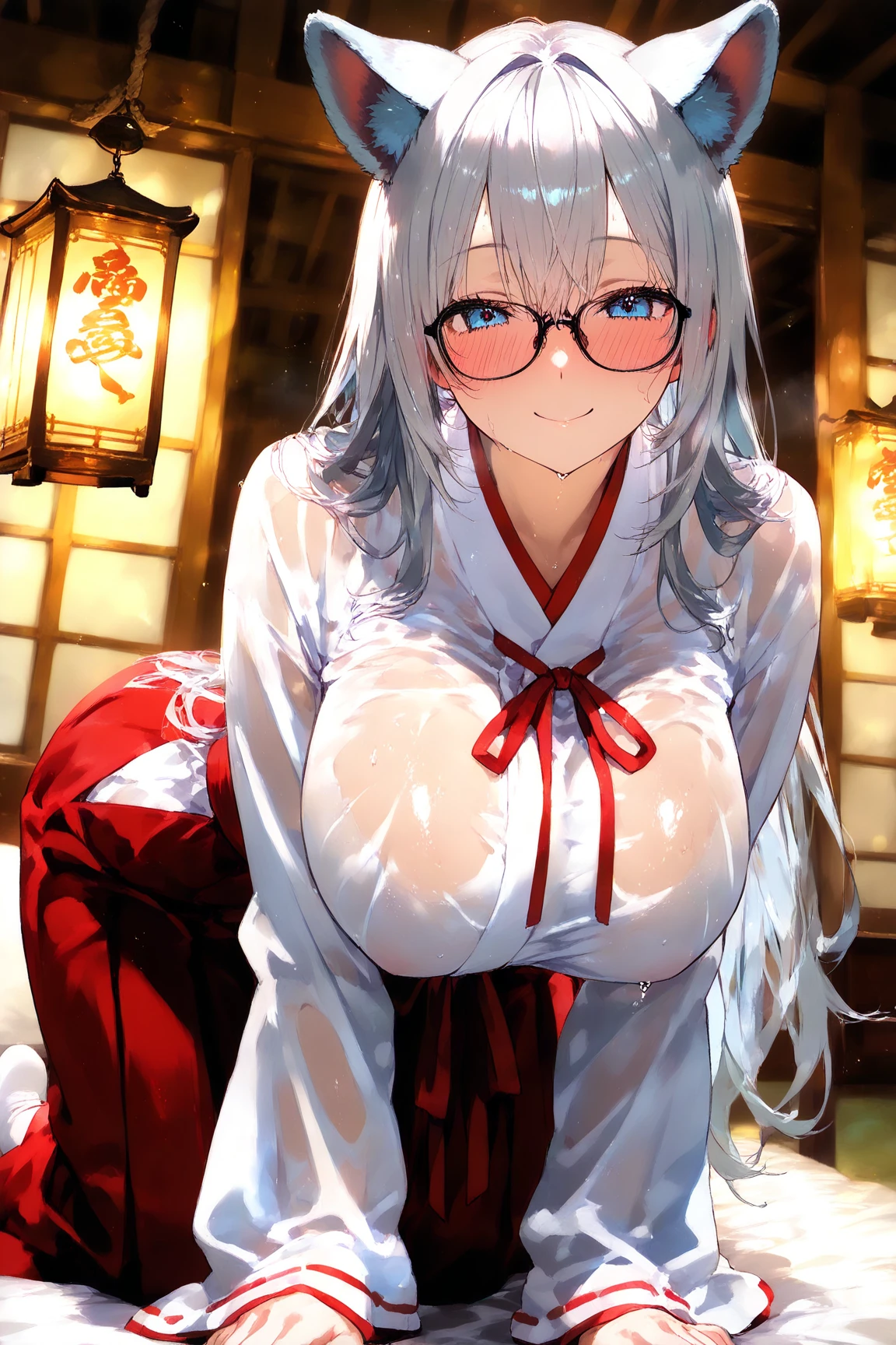 (masterpiece:1.4), (Highest quality:1.3), (high resolution:1.2), Perfect Anatomy, Well-formed face,Accurate depiction,Precise depiction,Beautiful depiction,(Rui々Shishi Body:1.1), (Healthy Body:1.1),(Shiny Hair:1.2), Well-formed face, Glassesをかけた, Glasses, Face, Lewd smile, Large Breasts,Big Breasts, Big Tits, Shaking breasts, Bouncing Breasts, 激しくShaking breasts, 激しくBouncing Breasts, Tight waist,Well-balanced body, Flexible fingers, Composition from the front, Clothes stuck with sweat, Erect nipples covered by clothes, cleavge, breasts slip, Open chest, Japanese clothes with wide open chest, Nipples visible from the chest, nipple slip from kimono, extended downbloues, Oiran, 着崩したkimono,胸元を開いたkimono, kimono, meiji school girl uniform, hakama skirt, Hakama skirt, Long skirt, Thighs covered by a skirt, long sleeve, wide sleeve, Lace-up boots, (leaning forward:1.3), slouch, hanging breasts, standing, doggy style,Provocative attitude, spread legs, looking at viewer, Daytime, Bright sunshine, Outdoor, shrine, torii, Cobblestone Street, nsfw,