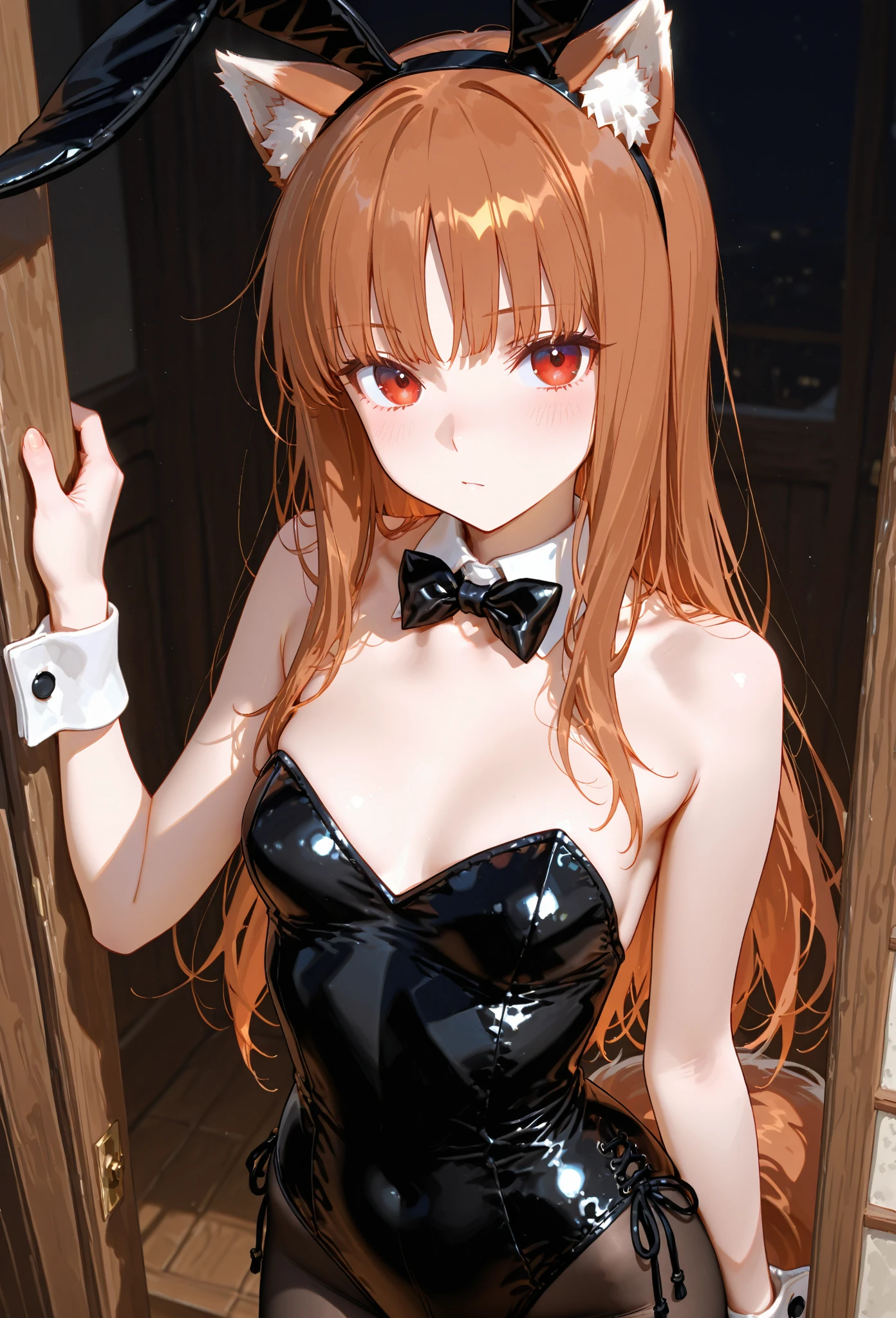 (masterpiece、top-quality、top-quality、Beautifully Aesthetic:1.2)、ighly detailed、highestdetailed、grey eyes、orange color hair|Semi-long blonde hair、((bunnygirl))、(pantyhose)、Matsumoto Rangiku、graffiti art、Look at the viewer、A smile、Bedroom、on the beds、(Bunny girl ears)、((Leotard))、(Ribbon around the neck)、(Wrist cuffs)、(Arms bare from shoulders)