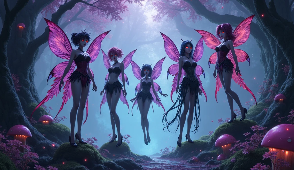 three beautiful elf girls, naked, nude, extreme abs, cute face, crazy hair, colored hair, the magical nymp, purple eyes, deep fashion, cyberspace, a spaceship surreal, video game, crazy colors, ribbons, tattoes, weird perspective, dramatic light, adventurers, action, playfull, cute, profound, group photo, semi closeup, temple, magical energies, witchcraft, permanent love energy, spreading legs, long hair, high heels, suggestive, blushing