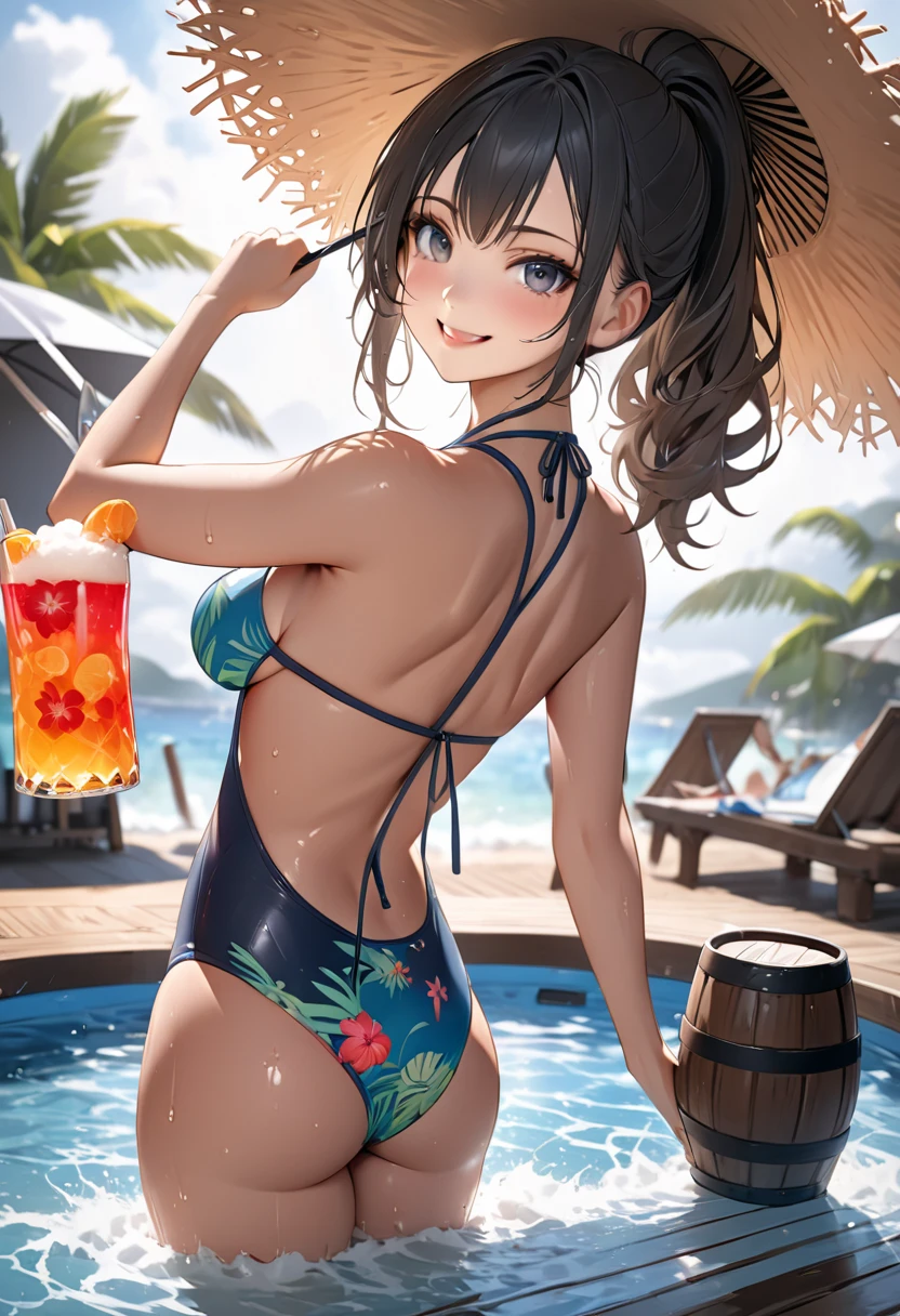 masutepiece, Best Quality, High resolution,
Solo, 1girl in, a blond, Yellow eyes, Ponytail, tail,
1girl in, Solo, tail, breasts, Ass, cup, Looking at Viewer, Holding, Bare shoulders, holding cup, Horse tail, Swimsuit, Outdoors, Tongue out, bikini of, day, tongue, Ponytail, Bangs, Standing, thighs thighs thighs thighs, Bubble tea, skyporn, :q, Hair Bow, cloud, medium breasts, Looking back, Black bow, Disposable cups, ocean, Smile, White Bikini, from behind, Water, Bow, sarong, Strapless, Blue sky, See-through, Black Bikini, side locks, cleavage, foot out of frame, Wet, drinking straw, Bandeau, playing in the water, Strapless bikini, Very long hair