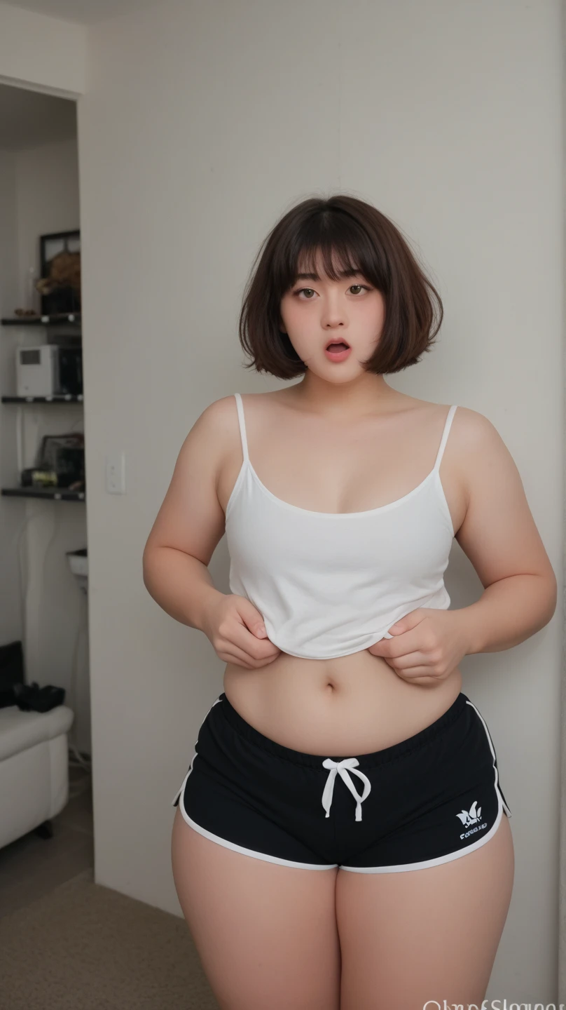 1 girl, slightly obese body, big size, round face, double chin, overweight, Shoulder length Fluffy short curly hair , high white hoodie lace gauze  skirt ，navel，holding her weight on her stomach and looking at the camera，dark room, walking , fat thighs , slightly fat belly
