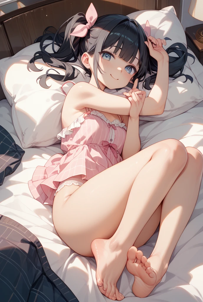 high quality, 最high quality、 Stylish design, (((The cutest girl))), ((Thin legs))、(((最high quality))), High resolution, ((detailed)), ((masterpiece)), ((Super detailed)), 14-year-old girl、Black Hair、Inner Color、((Lying on your back in bed)),((Light clothing,underwear)),((Sexual)),(((Shyness)))