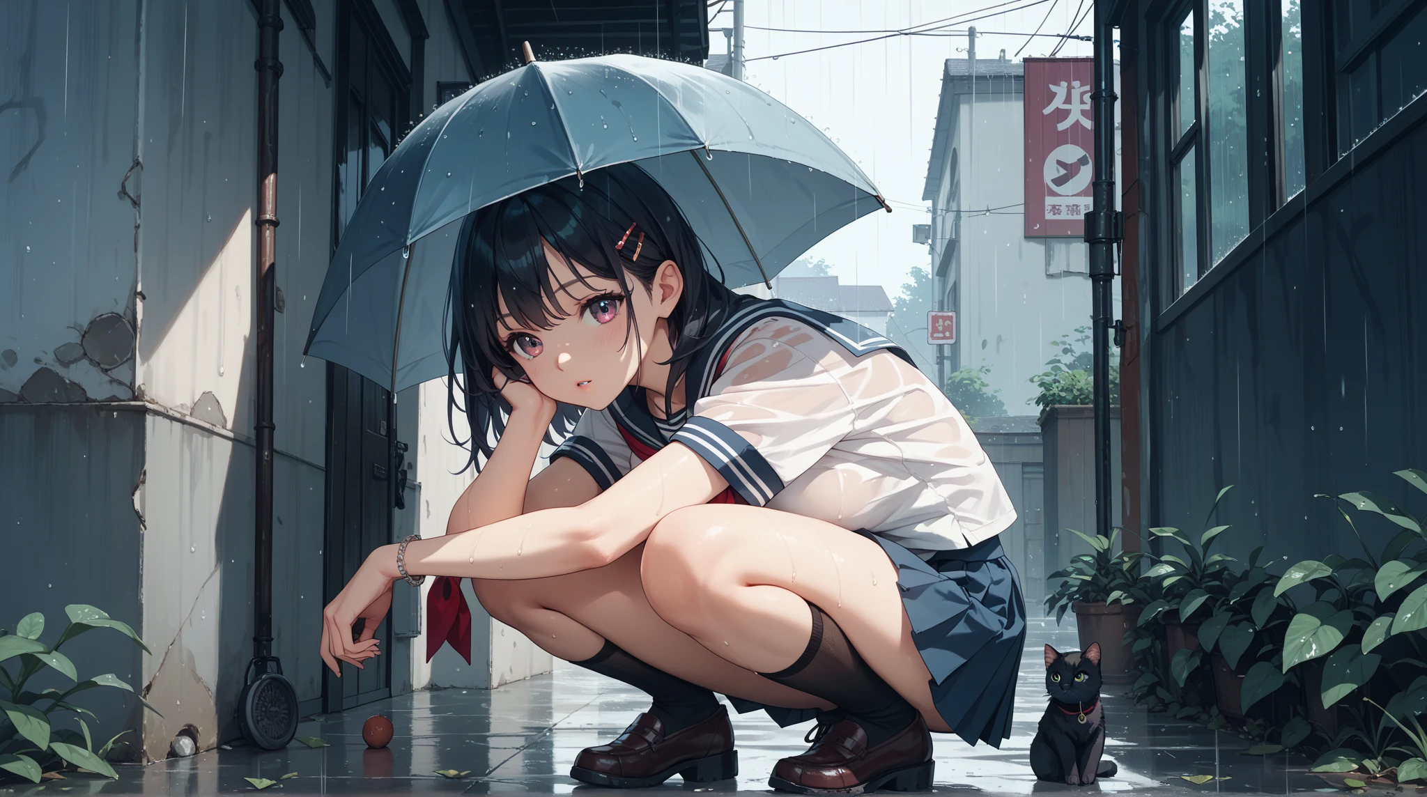 ((masterpiece)), 1 girl, (2 point perspective to image), short pleated skirt, sports jacket, (8k / UHD), park bench, (sitting position), wear sports shoes, (mischievous pose), shy smile, Selfie camera angle, (close-up), (ultra realistic), gray sky, ((heavy rain)), hold an umbrella