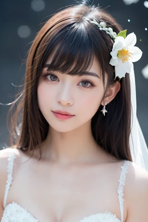 (8k, Photorealistic, Raw photo, Highest quality: 1.4),Japanese idol-style beautiful girl,model,1 person,18-year-old,(Short Bob),(Black Hair),tiara,She has her hair tucked behind her ears,Clear grey eyes,(Long eyelashes),(eye shadow),(Eyeliner),(eyeliner),(piercings(small)),cheek(Beige brown color),(Lip gloss(Deep vermilion)),lips(Plump,glossy),Translucent white and finely textured skin,thin long neck,Thin and delicate shoulders,(Lace gloves(White)),(Wedding Bouquet :1.1),(Wedding dress((Frills),(Lace embroidery),(Plumpしたロングスカート :1.2))),(layer),(High heels(White)),(Garden Wedding Venue),(Background with sea view),(Smiling at the camera),(Full body portrait)