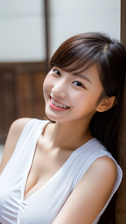 masterpiece,best quality,(Japanese ),((Beautiful girl)),cleavage,indoor,(perfect body beauty:1.2),(shy smile),beautiful teeth,