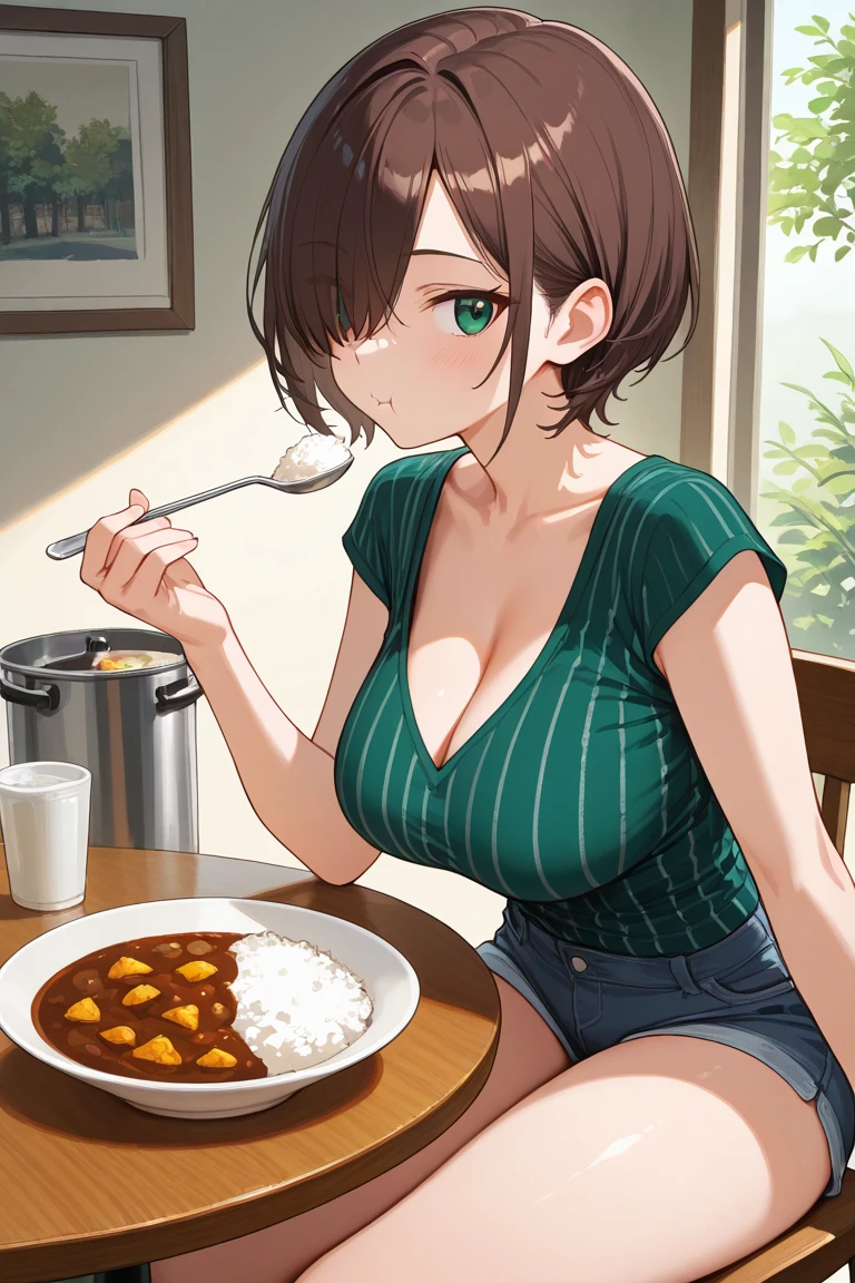 A girl in a micro bikini making a large amount of curry rice