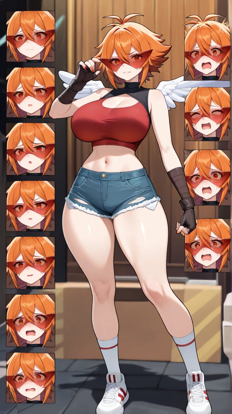 master piece, best quality, 1 girl, perfect anatomy, anime style, yellow eyes, Loli, very small breasts, ponytail, long hair, red hair, Choker, black panties, shame, hands covering breasts, Stockings white, juice, naked, red hair, standing, making a sign of peace and love