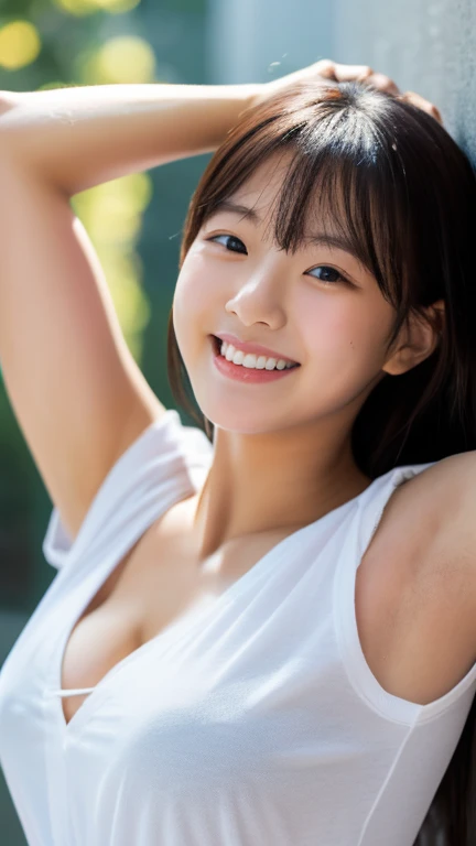 Japanese ),((beautiful girl)),Cleavage,Expressions that express a pleasant feeling:1.2,(Perfect body beauty:1.2),((Perfect body)),(A shy smile),Beautiful Teeth,Wheat field,Beautiful armpits,Random hairstyle,
