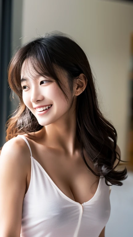 Highest resolution, 4K, Masterpiece: 1.3), A Japanese milf, photo of one lady, Sexy: 1.1, fine eyes, Slender figure, Realistic teeth, double eyelids, smile, full body, best quality, detailed, beauty, a married woman, at the bathroom