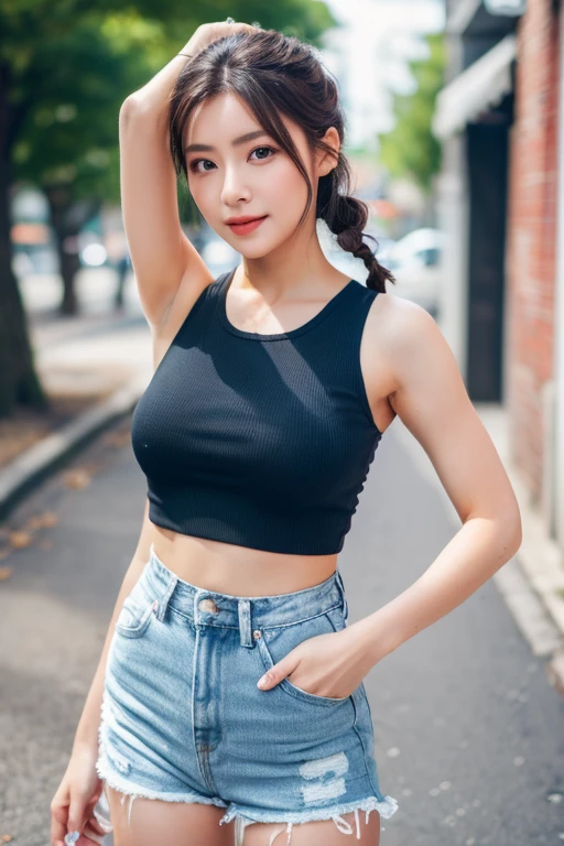masterpiece, top-quality, 1 beautiful girl, (Detailed beautiful eyes), ((Detailed skin)) , ((Detailed medium hair)), A beautiful girl in crop top and ripped jeans oversize, colorfull, RAW photos, Camera angle behind, sitting outside the coffee, CG rendering, Blurred background, deep shadow, 16K, bokered, Very detailed, wallpaper, depth of field, movie light, Ray tracing.