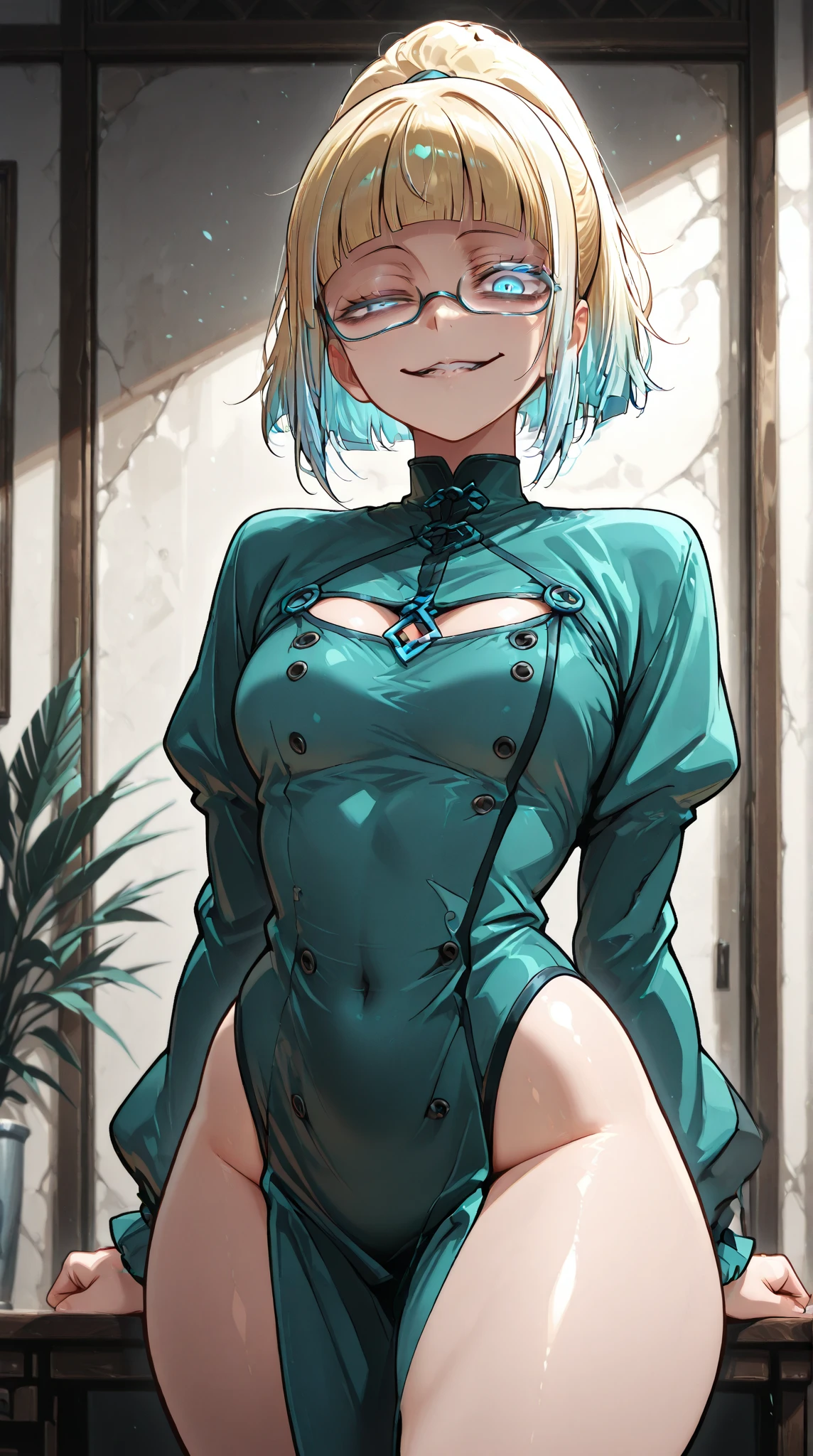 (Highest quality),(Realistic:1.36), (Realistic), Very detailed, One Girl, Flat Chest,Very short stature,Very small ass,Very thin limbs,(((Deep blue eyes), (Bright green hair, short hair, amount, Small pigtails), (Red-rimmed round glasses))), Up to the pussy、Front lighting,White panties,