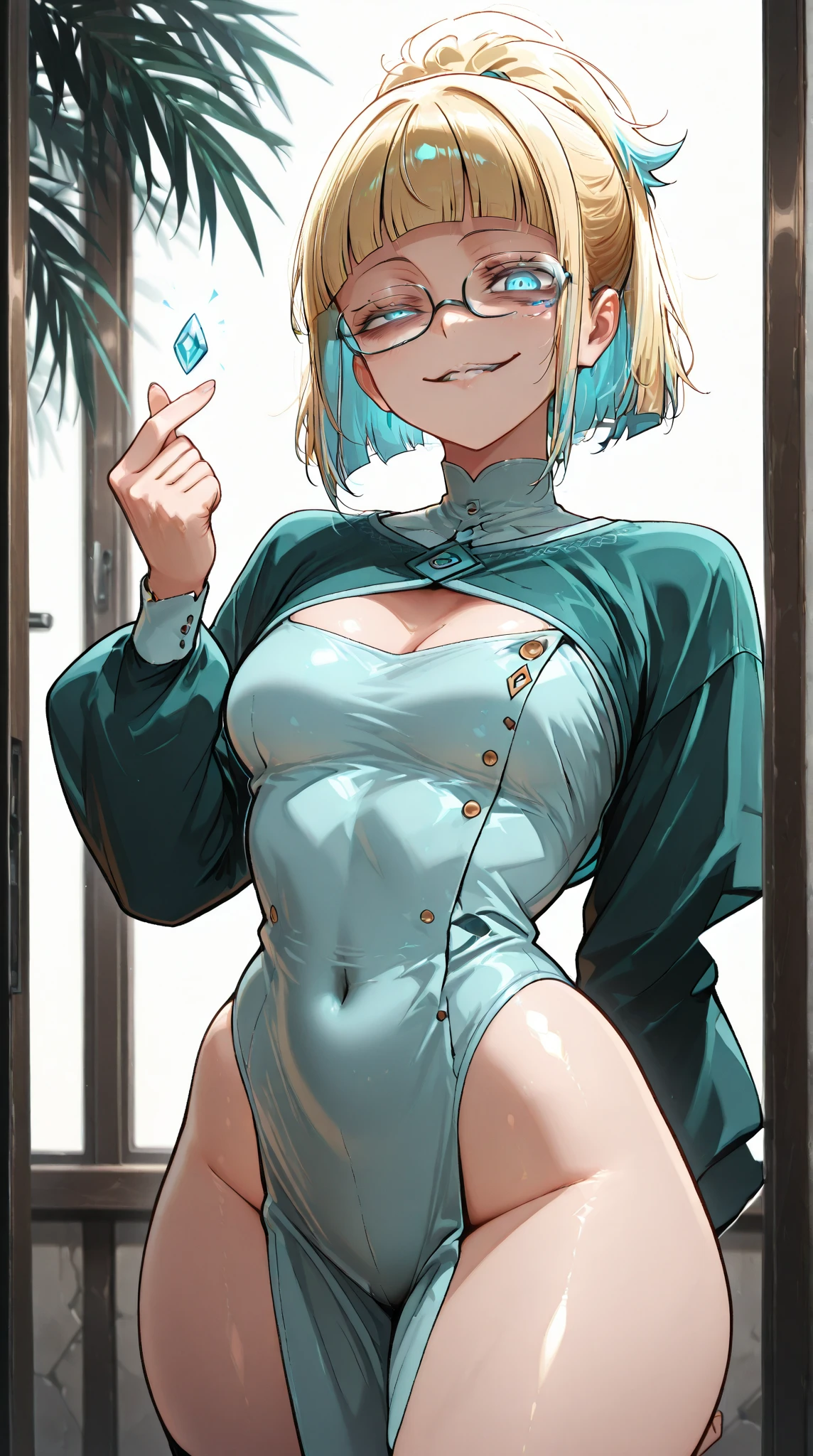 (Masterpiece), Best Quality, ultra-detailed, 1girl ( anosillus II, Slender and sexy body, Big and pretty breasts, naked body, dark green hair, brown eyes, half-closed eyes), a come-hither face, parted lips, solo, nose blush, blush, facing viewer, looking at viewer, racing queen, white leotard, long gloves, white thighhighs, in the locker room, in the locker, standing, come-on, lure, Sexy waist teasing, spread legs,