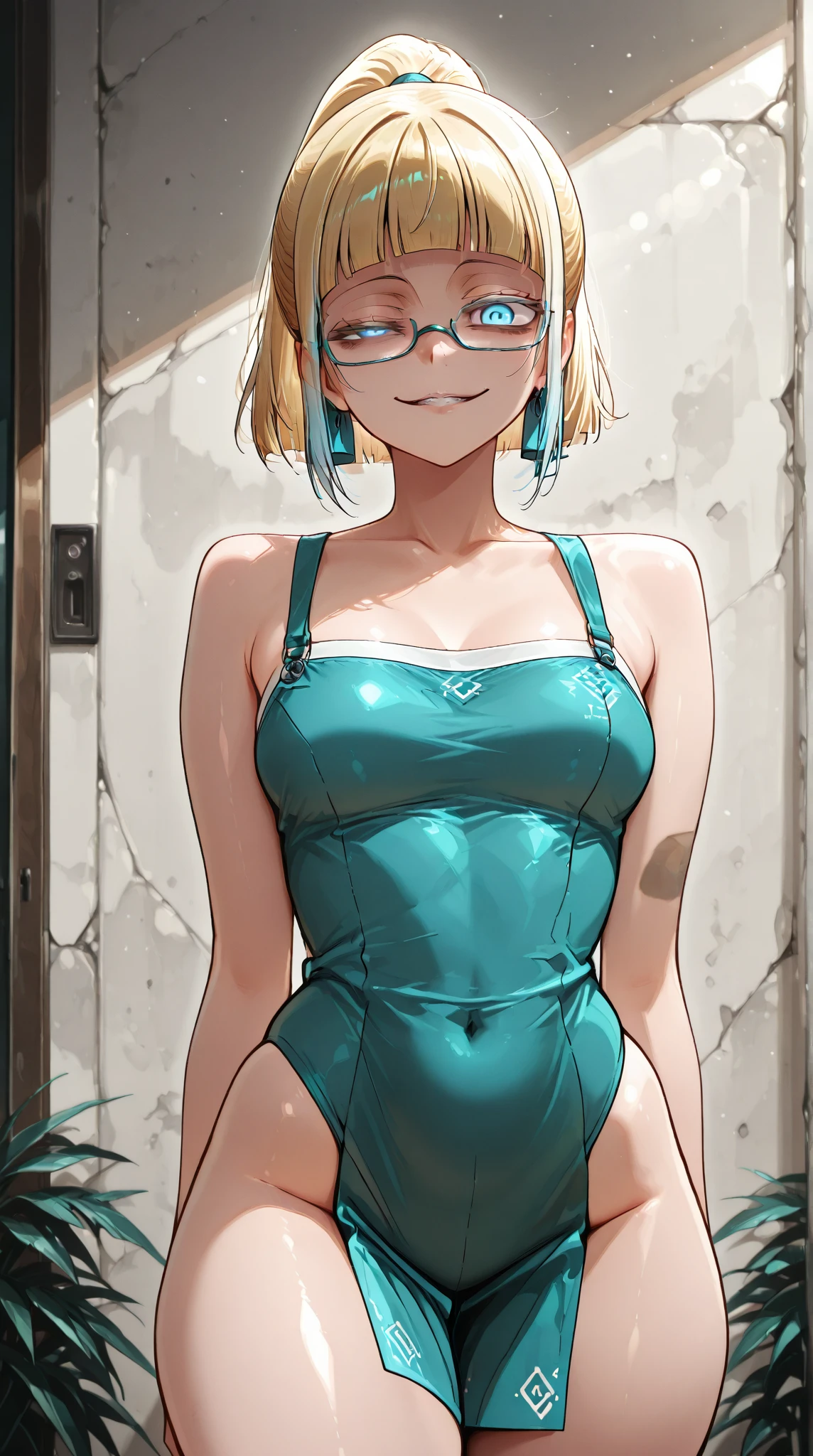 1 girl,masterpiece、beautiful lighting、Detailed beautiful face、Detailed beautiful eyes、hight resolution、Ultra-fine illustration、extremely delicate and beautiful、top-quality、(eye glass:1.4),School swim wear、Cute、The whole body is shown、(A dark-haired:1.3、Pixie Bob,Eyes are purple)、(drooing eyes、The eyes are detailed and beautiful、Kamimei、Head tilt:1.5),Curvaceous,、A smile、(shinny hair, Glossy eyes, shinny skin), (glistning skin) 、thighs thighs thighs thighs、Watch your audience、blushed、(Thin pantyhose:1.3)、Blushing cheeks