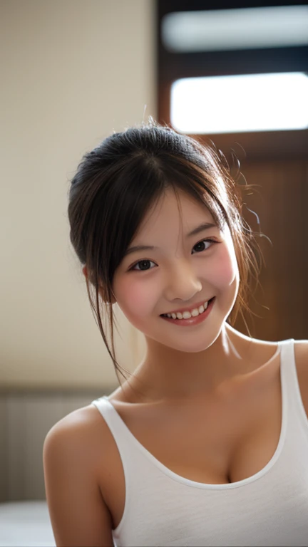 Halter-top, Shy Smile, sitting, From Above, Early Morning Light, Highly Detailed Face and Skin Texture, Detailed Eyes, Double Eyelids, Perfect Body Beauty