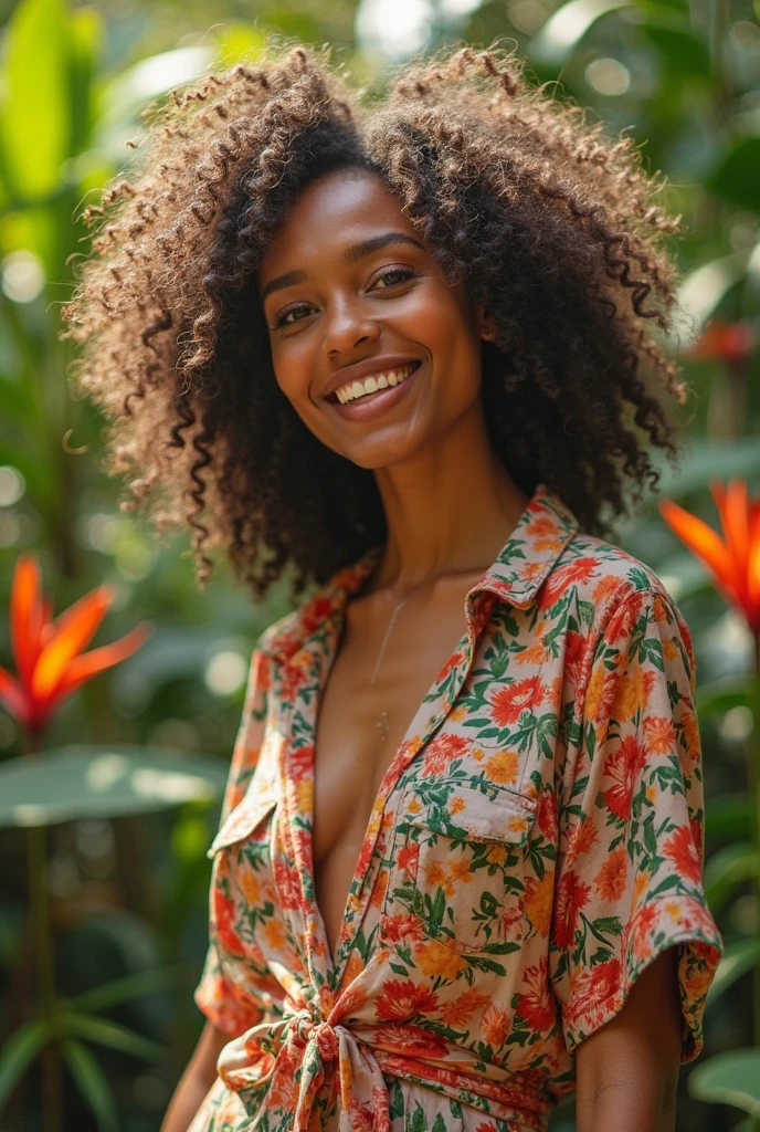 A Brazilian woman in a lush tropical garden, wearing an open shirt with a floral print, with a close-up capturing the harmonious beauty between her breasts and the natural flowers, showing off your natural charm and outgoing personality.