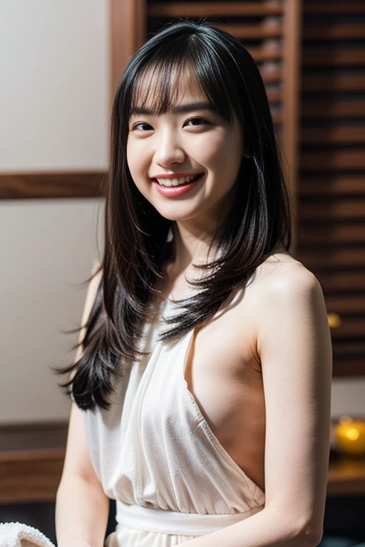 highest quality, masterpiece, Ultra-high resolution, realistic:1.3, solo:1.3, ((Clear Face)), cowboy shot:1.1, from front, leaning forward, (glowing skin), (looking at camera:1.3), (white Wrap top, black leather skirt), standing in room, leaning forward, (medium chest:1.3), long hair, smile, soft brightness