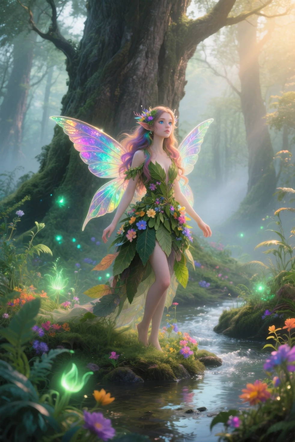 generate a fairy lady, wearing flowery outfit and with huge fairy wings, while holding a flowery wand, she is a beautifull fairy who is really charming, she is flying and give kiss sign, forest and lake background, beautifull flower, sparkling background, aurora effect, digital effect, glimmering effect, ambient effect, from side, masterpiece, best quality:1.2),(8k,highres,RAW photo,realistic,photo-realistic:1.3),(detailed skin texture,detailed cloth texture,beautiful detailed face:1.25),professional lighting,photon mapping,beautiful soft light,radiosity,physically-based rendering,raytracing, model shoot style, model shoot style, (extremely detailed CG unity 8k wallpaper), full shot body photo of the most beautiful artwork in the world, (((NSFW))), (((nude))), (completly naked))), (((nipples))