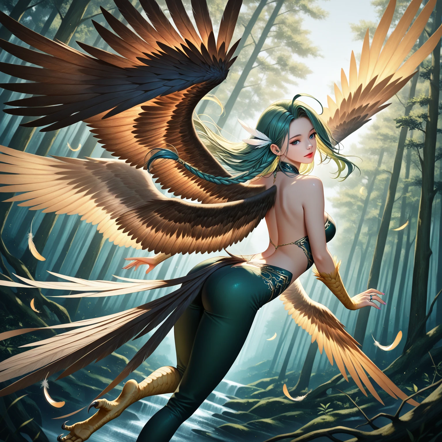 (((tmasterpiece))), hiquality, ultra-detailed CG, stunning and beautiful, Floating, nice ass, An intriguing bird, Bright wings, take off, Lively plot, green colored eyes, multicolored feathers, Bright plumage, Scenic nature, Vibrating landscape, Emotional intensity